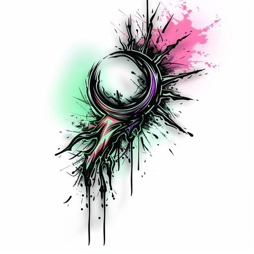 Dynamic tattoo sketch of a rising sun with neon green and pink splashes in a clipart style