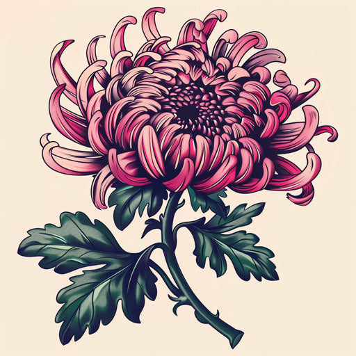 Vintage floral tattoo design of a chrysanthemum, stylized like old botanical illustrations, on a white background.