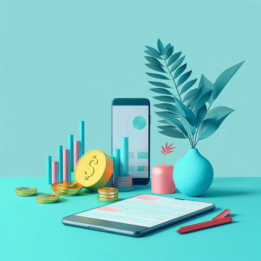 Realistic finance clipart on flat, serene aqua background