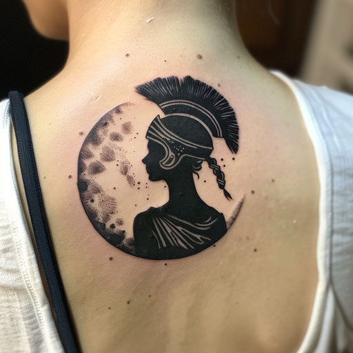 Silhouette tattoo of Athena against moon on white canvas