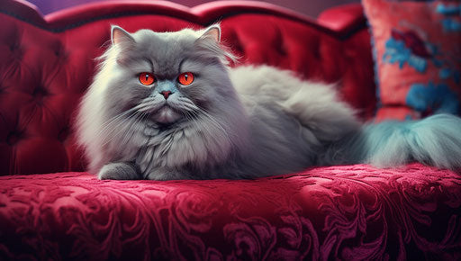 Grey Persian cat on a couch next to a red pillow, in the style of light purple and light azure, smooth and shiny 37:21