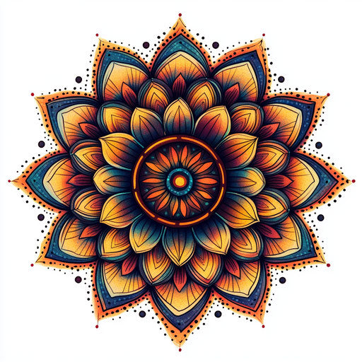 Colorful flat mandala hand tattoo with dots on white background
