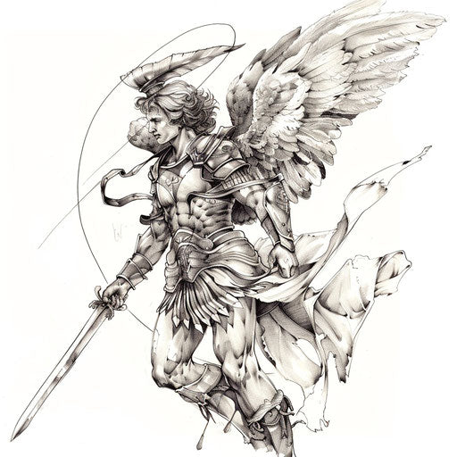 Saint Michael in dynamic action in sketch tattoo style
