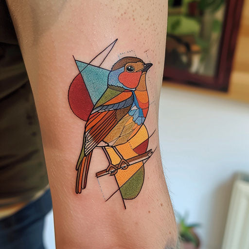 Flat tattoo sketch of a robin with bold color blocks