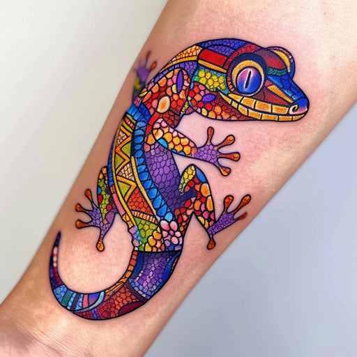 Vibrant and colorful flat tattoo sketch of a gecko with a mosaic of bright scales