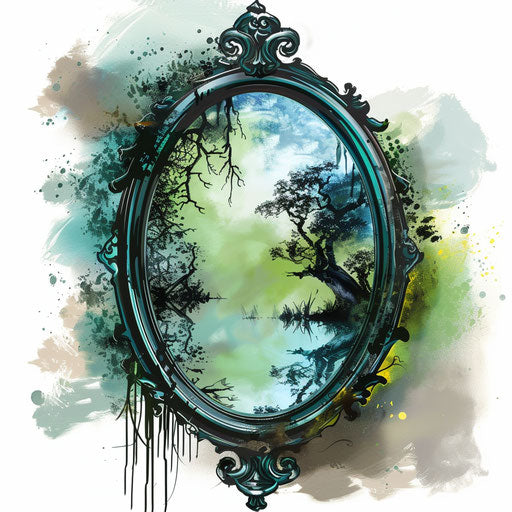 Painted landscape mirror in green and blue, clipart style