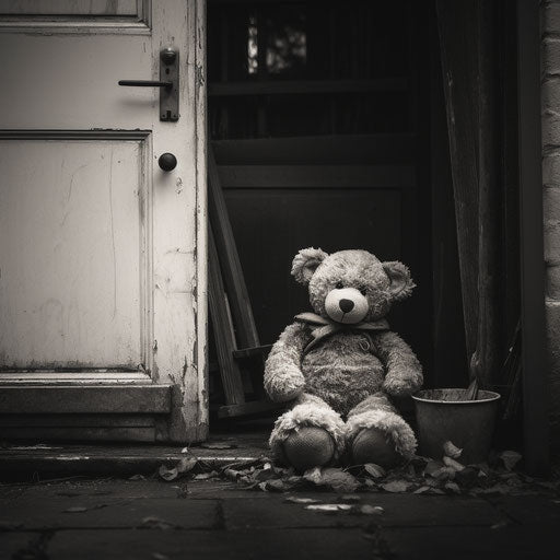 Teddy bear at the door on a cold day