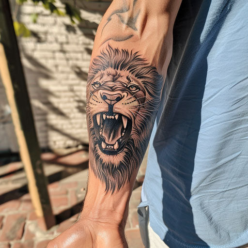 Realism tattoos of a roaring lion, in the style of Guy Aitchison, on the forearm