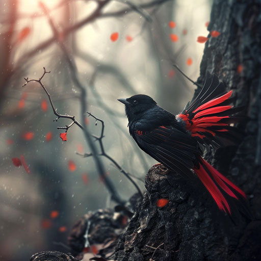 Black bird with red wings on a tree trunk