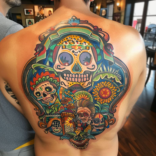 Vibrant and traditional family tattoo with cultural symbols