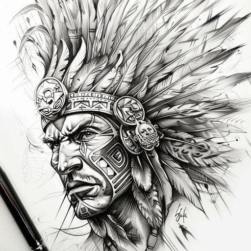 Sketch of a Aztec warrior in Chicano art style