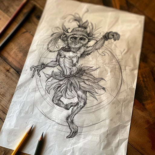 Drawing of dancing monkey in hula skirt, festive tattoo