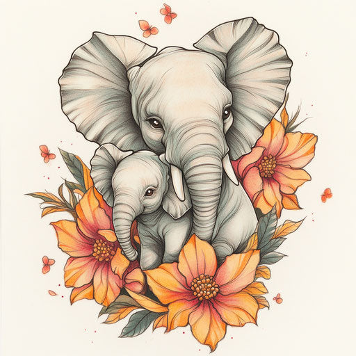 Flat tattoo sketch mother elephant and baby elephant