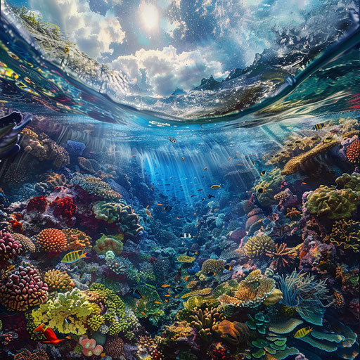 Colorful coral reefs and marine life in cove