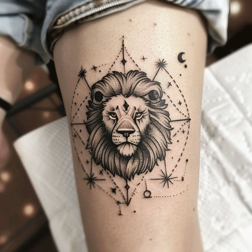 Bold graphic Leo constellation tattoo in tribal style