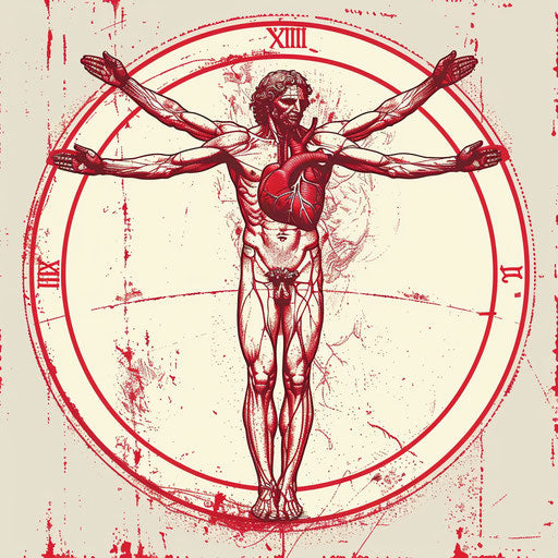 Heartwarming tattoo sketch of Vitruvian Man with heart anatomy superimposed, in vivid reds, health-themed clipart design