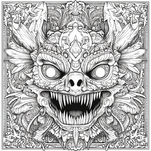 Monster with tribal patterns, Raqib Shaw style, Coloring page