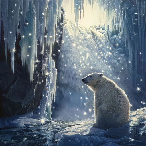 Contemplative polar bear by frozen waterfall