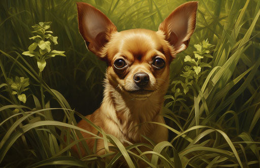 Chihuahua dog sitting in the grass, light maroon and dark gold style