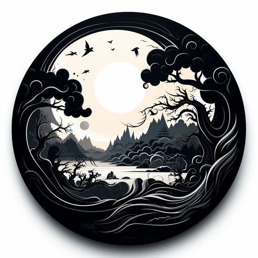 Circular artwork in the Chiaroscuro Art style, on white background