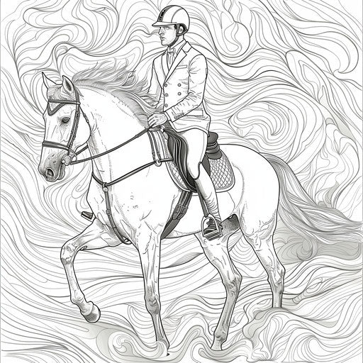 Detailed illustration of a horse and rider in a dressage competition