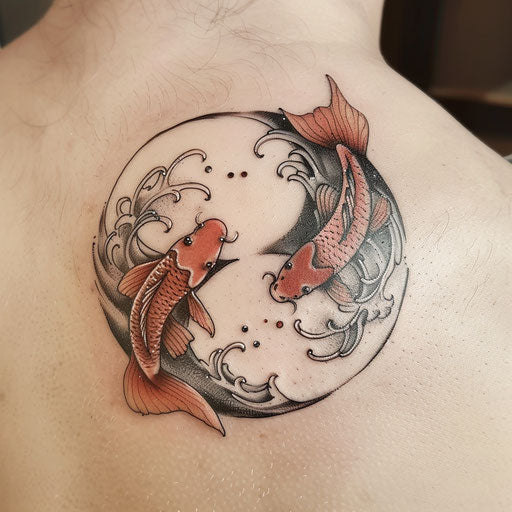 Japanese style yin and yang tattoo with koi fish and gentle waves