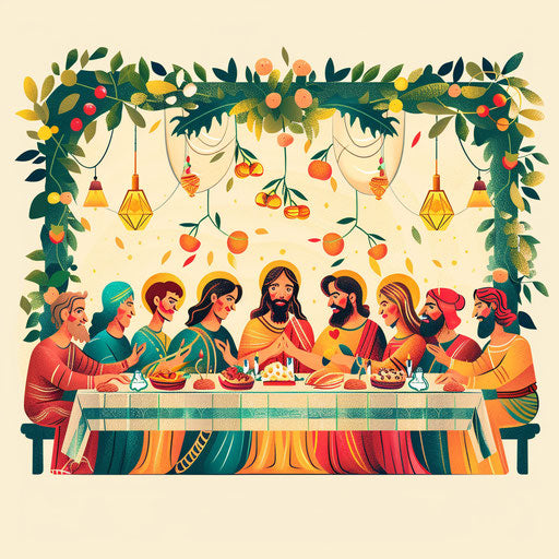 Festive Last Supper with decorative garlands and vibrant colors