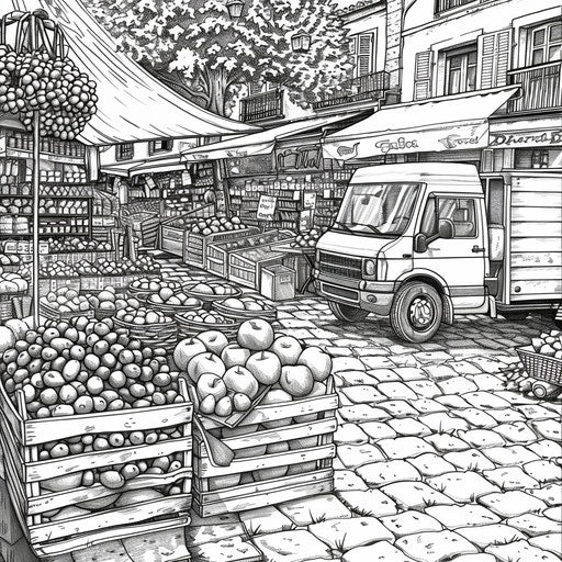 Detailed market scene with truck in Stephen Wiltshire style, coloring book page