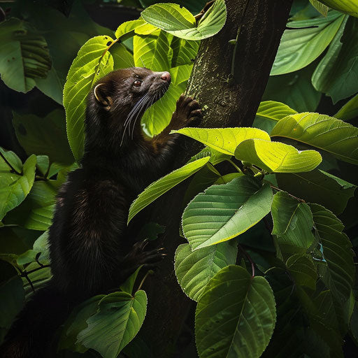 Mink climbing a tree with vibrant green leaves