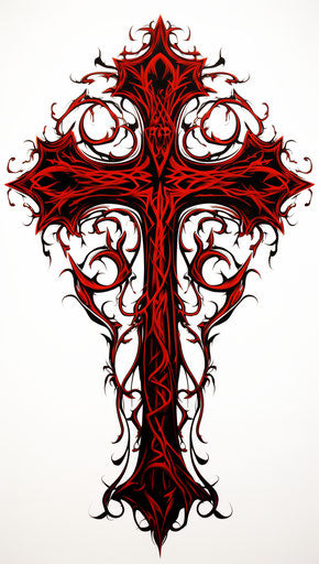 Black and red tribal cross tattoo design, McFarlane style icon