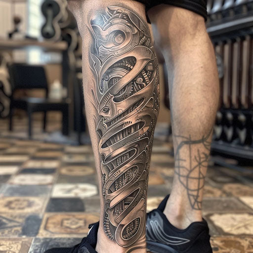 Biomechanical leg tattoo in the style of Guy Aitchison