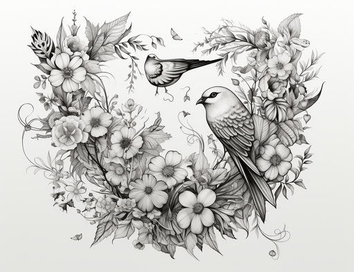 In the heart of nature paper and stamp set of floral heart with birds and butterflies