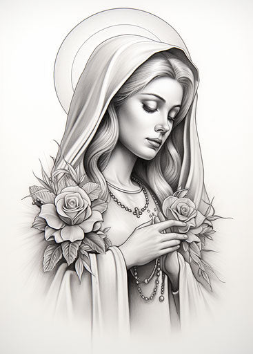 The illustration of Mary with an image of her hand