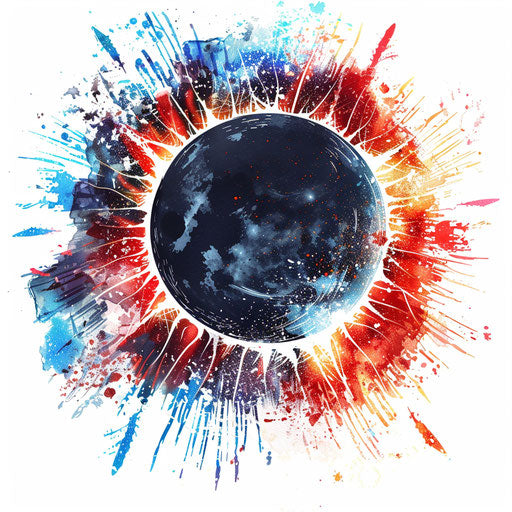 Festive sketch of an eclipse with fireworks