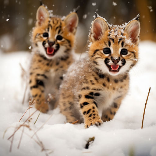 Serval cat kittens playing in the snow