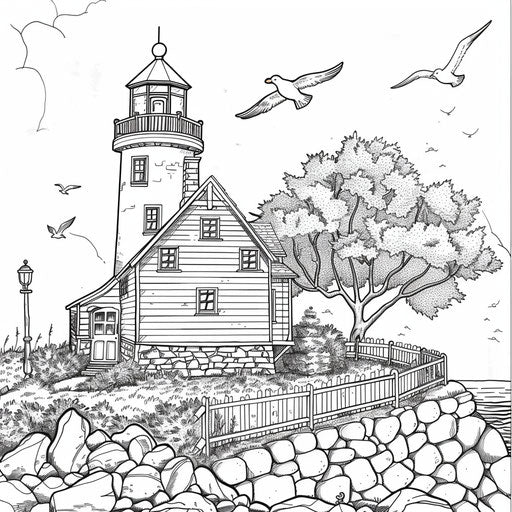 Seaside cottage with lighthouse and seagulls flying overhead