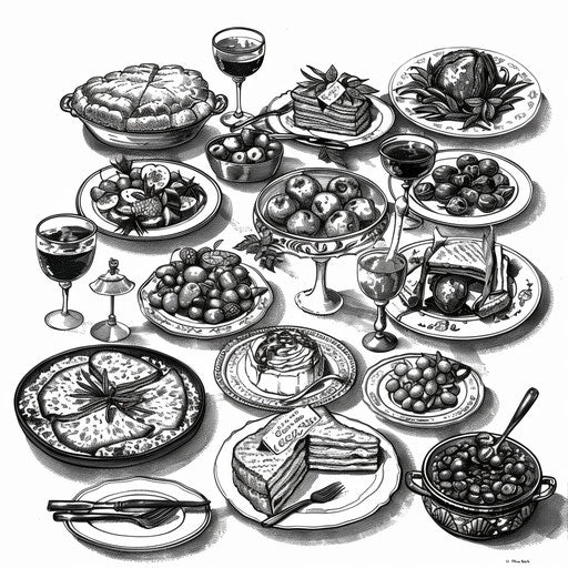 Festive gathering with various dishes in detailed black and white clipart style