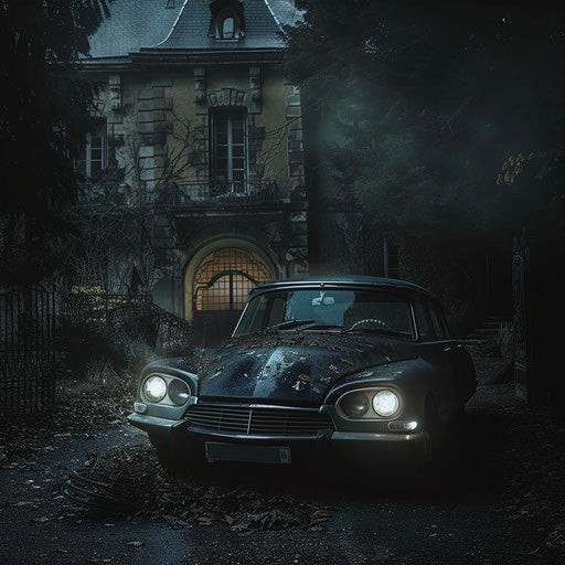 Ghost hunter Citroen DS 20 exploring a haunted mansion