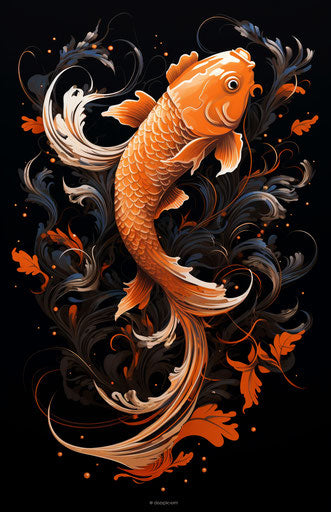 Intricate illustration of a koi fish, black and orange, stencil art