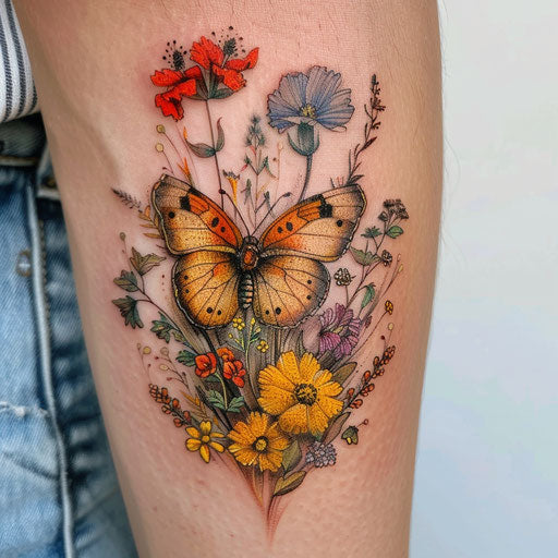Wildflower tattoo with butterfly, colorful petals, realistic insect, nature-inspired