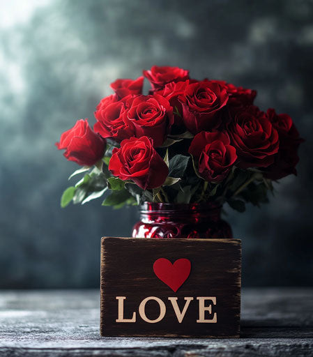 Red roses bouquet in burgundy jar with wooden sign 'LOVE'