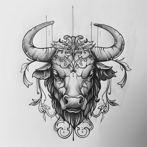 An art nouveau bull tattoo, elegant lines on white background