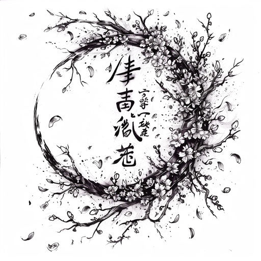 Spiraling Sakura Petals Tattoo Sketch Around Poetic Japanese Calligraphy