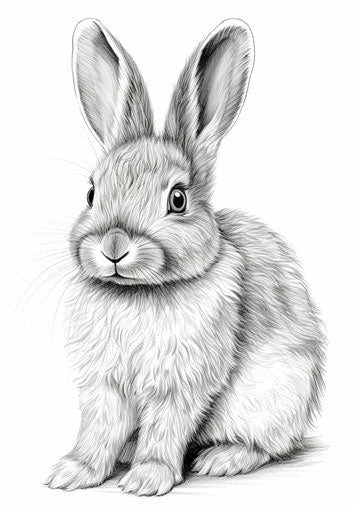 Black and white drawings of a bunny rabbit, delicate coloring
