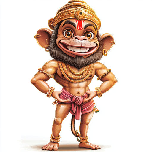 Humorous caricature of a hanuman clipart with human characteristics, exaggerated thick eyelashes, long legs, detailed textures, vibrant colors, cartoon style, smiling, high-resolution, isolated