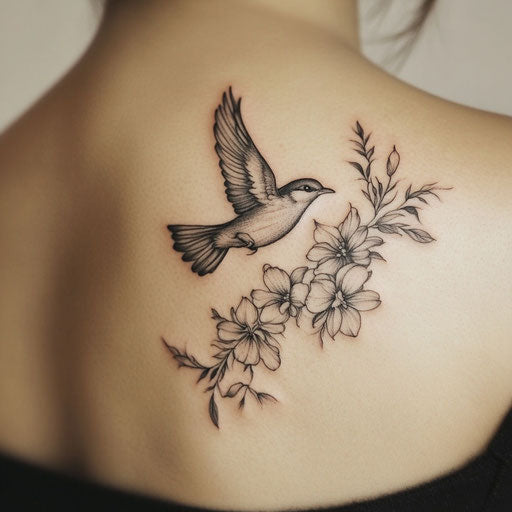 Flat tattoo sketch of soaring bird on back shoulder