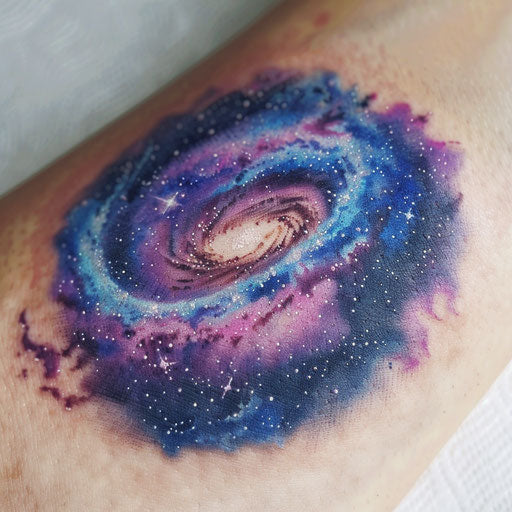 Watercolor galaxy tattoo with purples and blues