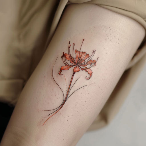 Contemporary minimalist tattoo sketch of a red spider lily with a single line