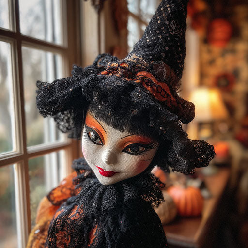 Smiling witch doll with Halloween decorations