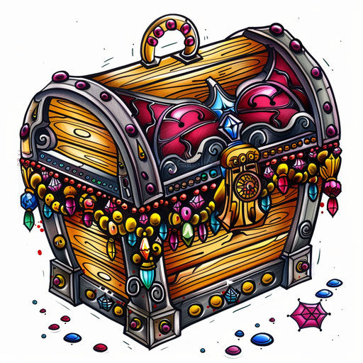 Sunken treasure pop art with colorful jewels, red and gold